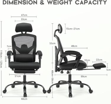 Ергономічне офісне крісло DUMOS, письмове крісло зі зручними підлокітниками, оснащене зручною поперековою опорою та підставкою для ніг, підходить для домашнього використання, C-3509-Чорний, 26 x 39 x 50,75 дюймів