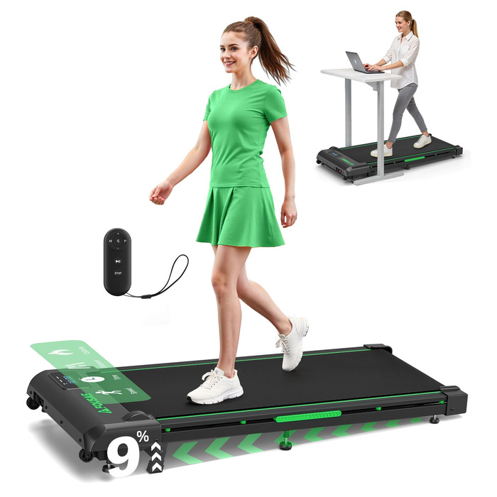 Килимок для ходьби, бігова доріжка 1-10 км/год для домашнього використання з нахилом 9, ходунковий тренажер 2,5 к.с. зі світлодіодним дисплеєм, пульт дистанційного керування, 12 програм, подвійна амортизація, вантажопідйомність до 150 кг, чорно-зелений, 4