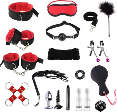 Набір для звязування Екстремальний секс БДСМ Набір для сексу в звязку Наручники Секс із завязаними очима Батіг Затискачі для сосків Кляп 17 предметів Еротичні SM Секс-іграшки для пар Любителі екстремального сексу Початківці Чорний Червоний