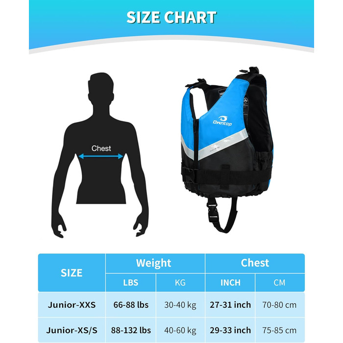 Плавальний жилет Owntop для підлітків та дітей, легкий унісекс-плавець, регульований плавучий жилет зі зручним ремінцем у промежині для каякінгу, риболовлі, тренувань з плавання та всіх водних видів спорту. Синій, дитячий, розмір XXS (30-40 кг, 70-80 см)