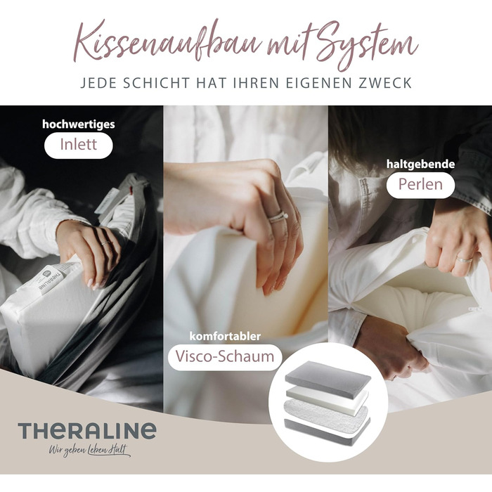 Подушка Theraline Ергономічна подушка з піни з ефектом пам&39яті з намистинами Подушка для підтримки шиї для сну на боці та на спині У комплекті чохол з бамбукового джерсі, приблизно 50x30 см Меланжево-сірий, середньо-сірий