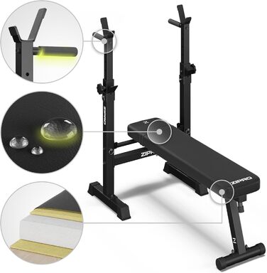 Лава для жиму штанги ZIPRO Core Складана лава з регульованими стійками для штанги та ручками для віджимань Фітнес-лава, вантажопідйомність 230 кг, регулювання висоти в 7 положеннях, силова станція без штанги