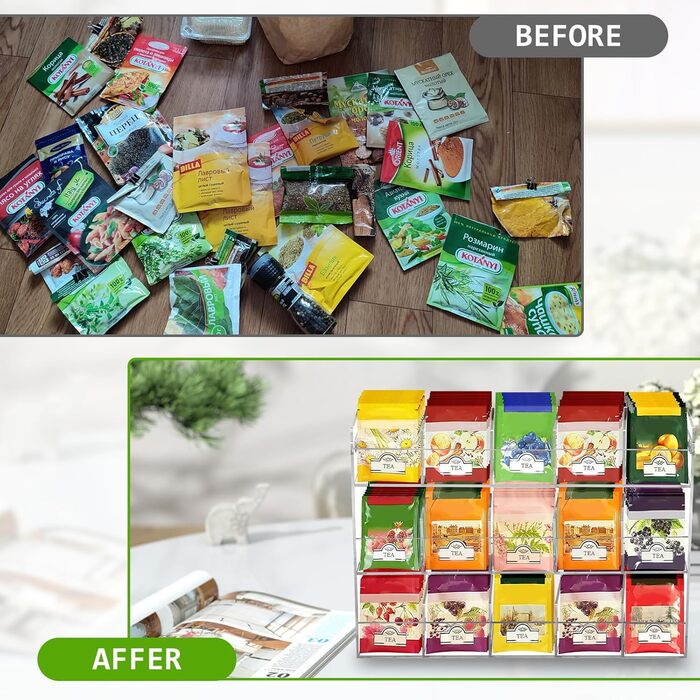 Органайзер для чайних пакетиків Qivine 270, великі коробки для чайних пакетиків, 3-рівнева пластикова шафа-органайзер для чаю для стільниць, кухонних шаф, комор (15 відділень)