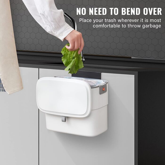 Сміттєвий бак для кухні ELPHECO - підвісний сміттєвий бак на 1,8 галона з кришкою, настінний сміттєвий бак на 7 літрів для дверей