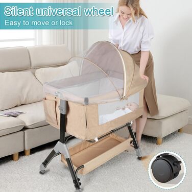 Дитяче ліжечко Kedia з москітною сіткою, дитяче ліжечко та дорожнє ліжечко з колесами, дитяче ліжечко для новонароджених, регульована висота, ліжечко в режимі сну на боці (104 x 52 x 103-115 см, бежево-білий)