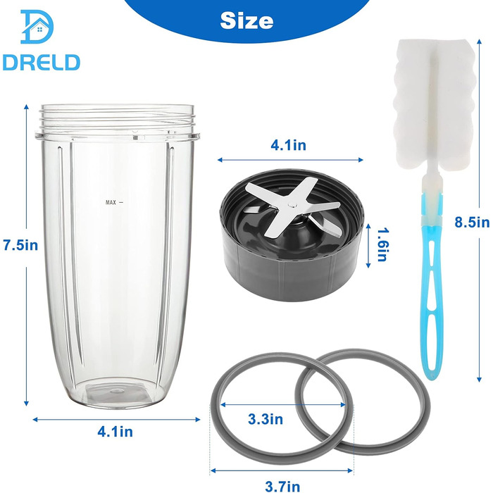 Запасні частини блендера DRELD з 5 предметів, сумісні з блендером NutriBullet Juicer 600 Вт/900 Вт, з кухлем 132 унції, 1запасним лезом екстрактора, 2гумовими ущільнювачами, 1щіткою, аксесуарами Nutribullet
