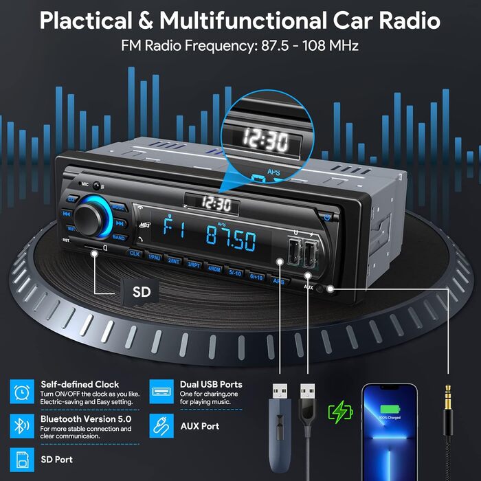 Автомобільна стереосистема RDS Bluetooth для 9-24 В, FM/AM 1Din Автомобільна стереосистема з Bluetooth гучного зв'язку, 7-колірна автомобільна стереосистема з 2 USB/MP3-плеєрами/AUX/SD/незалежним годинником, 30 станцій для зберігання багатобарвних