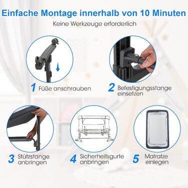 Ліжечко DREAMADE 2-в-1 Side-by-Side, дорожнє ліжечко з регульованою висотою на 5 рівнях з матрацом та колесами, колиска 86 x 63 см для дітей від народження до 9 кг, дитяче ліжечко з кутом нахилу 10 (модель 2 - темно-сірий)