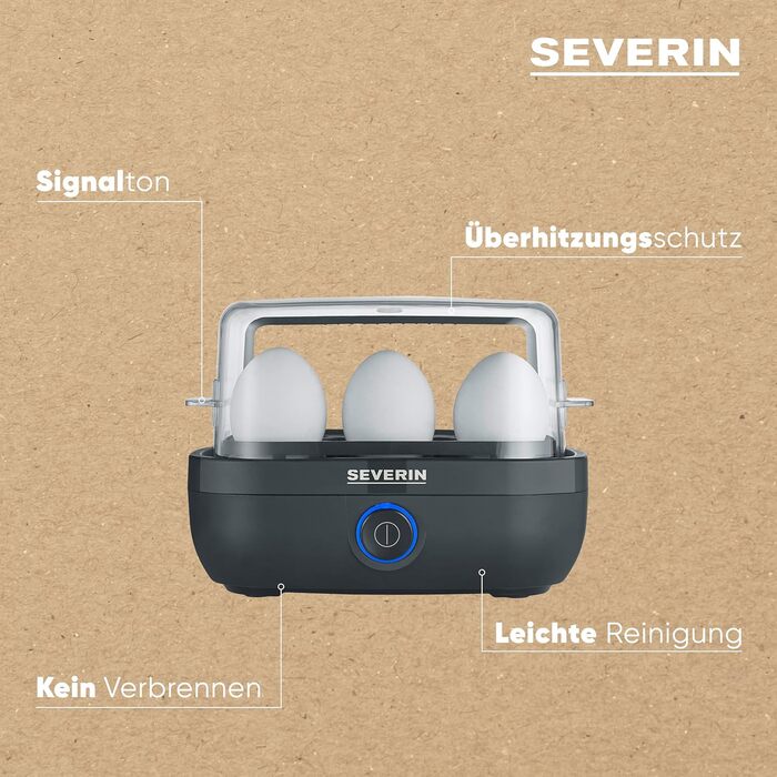 Яйцеварка SEVERIN на 6 яєць з електронним моніторингом часу приготування, в т.ч. мірний стакан з гравером для яєць, яйцеварка для ідеального рівня твердості, чорна, 420 Вт, EK 3166 чорна з моніторингом часу приготування