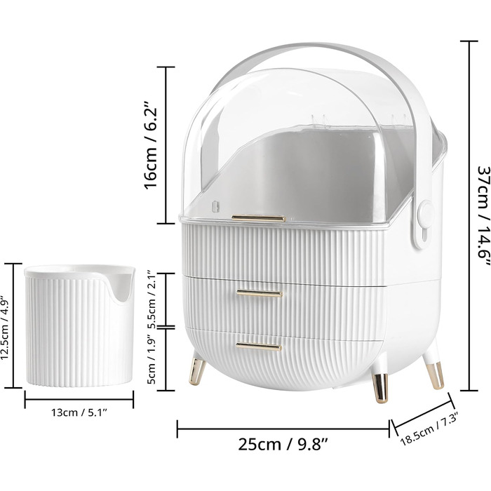 Зимовий органайзер для макіяжу Shore White з місцем для зберігання пензлика - пластиковий органайзер для макіяжу з 3 рівнями, поворотною ручкою та прозорою кришкою - водонепроникне та пилонепроникне зберігання косметики