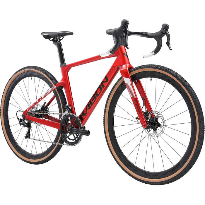 Шосейний/гравійний велосипед 28 дюймів з карбоновою рамою та вилкою, дисковими гальмами Shimano 22 швидкості, карбоновим кермом та підсідельним штирем для чоловіків та жінок, червоний, 53 см