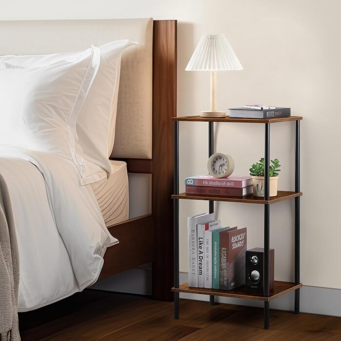 Високий дерев&39яний журнальний столик з 3 полицями для вітальні, великий простір для зберігання речей, журнальний столик в індустріальному стилі з дерева та металу, вузька тумбочка для ліжка, що економить місце, для кімнат, спальні, офісу, коричневий