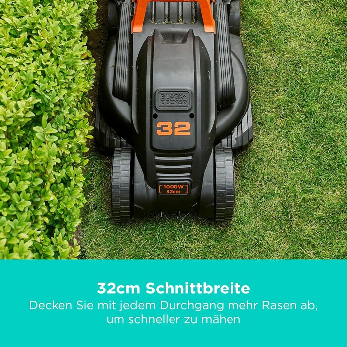 Електрогазонокосарка BLACKDECKER 1000 Вт, ширина 32 см, 3 регулювання висоти, травозбірник 30 л, BEMW351-QS