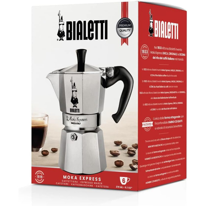 Еспресо-кавоварка Bialetti Moka Express Iconic для плити, алюміній, 270 мл, сріблястий/чорний 6 чашок