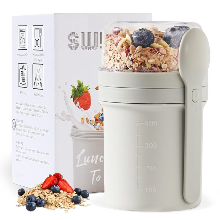 Набір контейнерів для сніданку та обіду To Go, 450 мл 250 мл контейнер для йогурту та мюслі з ложкою, герметичний стакан для мюслі та йогурту, ланчбокс (світло-сірий)