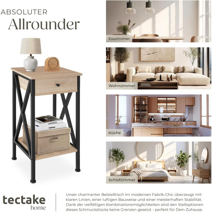 Промислові меблі tectake, Журнальний столик з шухлядою, Журнальний столик з полицями, Вузька тумбочка, Декор для спальні, 35 x 35 x 70,5 см, Меблі для вітальні - Світла промислова деревина, Дуб Сонома Дейтон