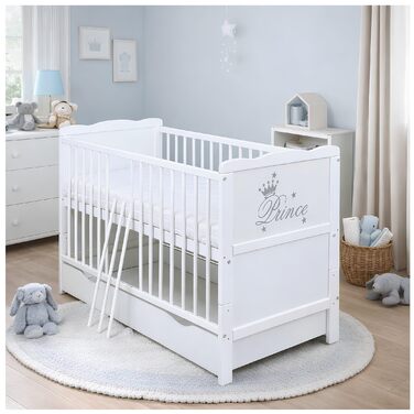 Дитяче ліжечко 60x120, розкладне дитяче ліжко, юніорське ліжко Prince White з шухлядою та матрацом