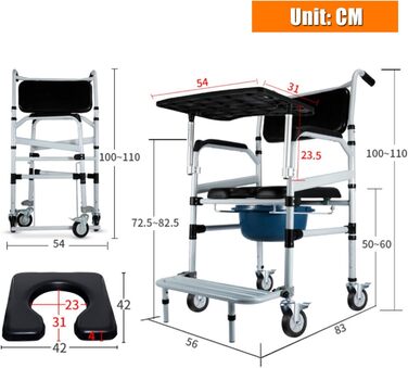 Розкладний приліжковий туалетний стілець, Інвалідний візок для душу, Крісло для транспортування туалетного паперу з 4 колесами, Мобільний туалет для домогосподарств людей похилого віку та вагітних з обмеженими можливостями