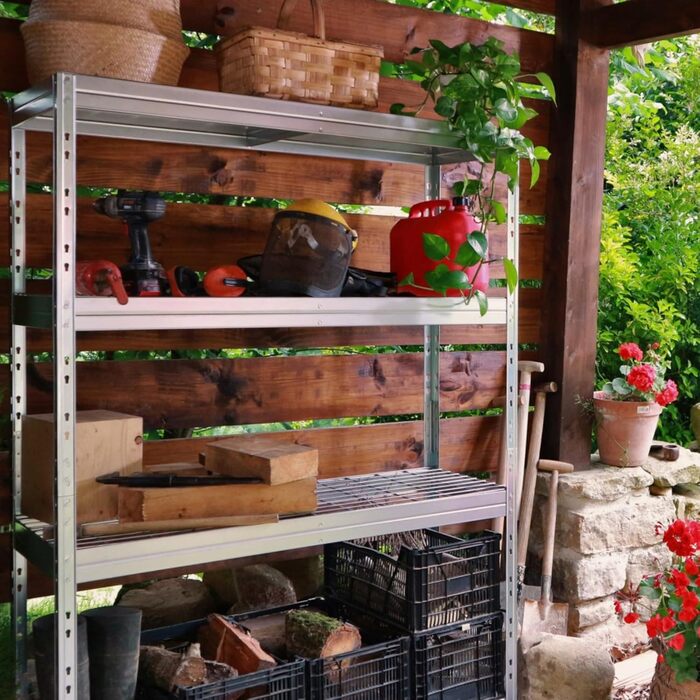 Вуличний стелаж із широким прольотом - вантажопідйомність 1500 кг - ВxШxГ 180 x 90 x 45 см - стелаж без болтів з 5 полицями з регульованою висотою - максимальне навантаження на полицю 400 кг - сертифікований TV - надміцний стелаж з оцинкованої сталі, тип 