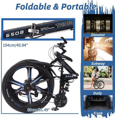 Дюймовий складний гірський велосипед, 21-швидкісна коробка передач Shimano, гірський велосипед з подвійною підвіскою, легка рама, гірський велосипед для чоловіків та жінок, складний спортивний велосипед для дорослих, чорно-синій, 27,5-