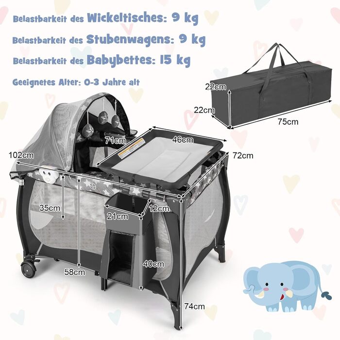 Дитяче ліжечко FANTASK 4-в-1, сірий колір ігрова арка та музичний мобіль, колиска на колесах, сумка для перенесення, портативне приліжкове ліжечко/дорожнє ліжечко зі складним матрацом, пеленальний столик, балдахін, для дітей до 36 місяців