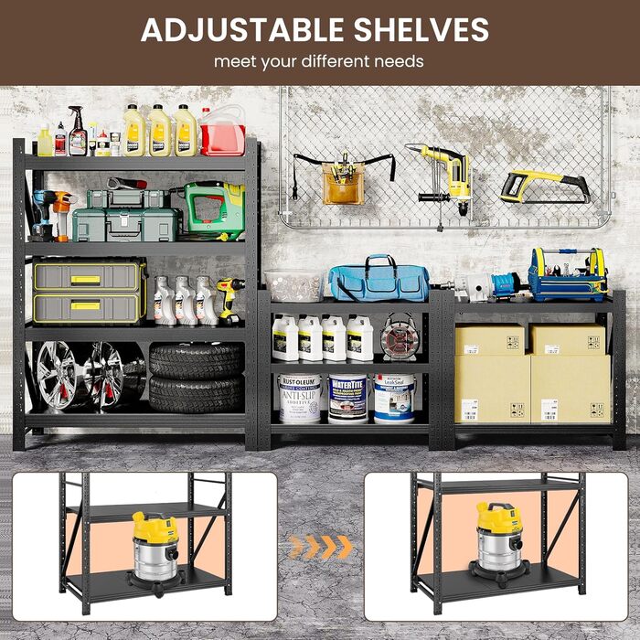 Міцний металевий стелаж, стелаж без болтів, стелаж для зберігання, стелаж для майстерні, стелаж для підвалу, стелаж для гаража, кухонний стелаж, окремостоячий стелаж, сталевий стелаж, 4 рівні, вантажопідйомність полиць 265 кг, регульовані полиці, 160x120x