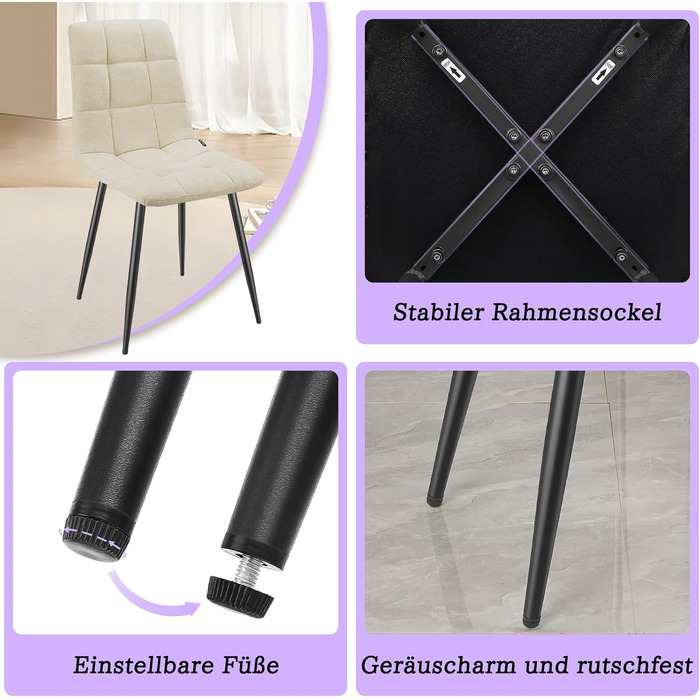 Обідні стільці, комплект із 6 шт. , м&39які стільці з високою спинкою та лляним дизайном, обідні стільці з металевою основою, для їдальні, вітальні, кухні, спальні та вітальні, бежевий