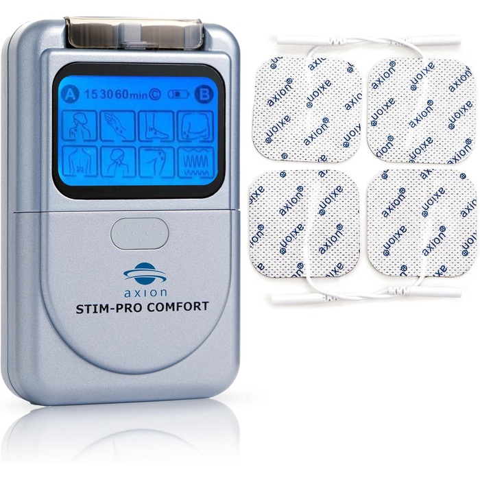 Апарат для терапії болю axion TENS STIM-PRO Comfort - 4 шт. 5х5 см електродні подушечки Пристрій для стимуляційного струму для терапії болю, наприклад, при остеоартриті, артриті, шиї, спині, суглобах Сертифікація. Медичний виріб 1) STIM-PRO Комфорт