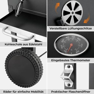 Вугільний гриль з кришкою та візком, BBQ коптильня, мобільний вугільний гриль на 2 колесах, з решіткою, термометром, компактний вугільний гриль-візок, регульований по висоті для кемпінгу та саду