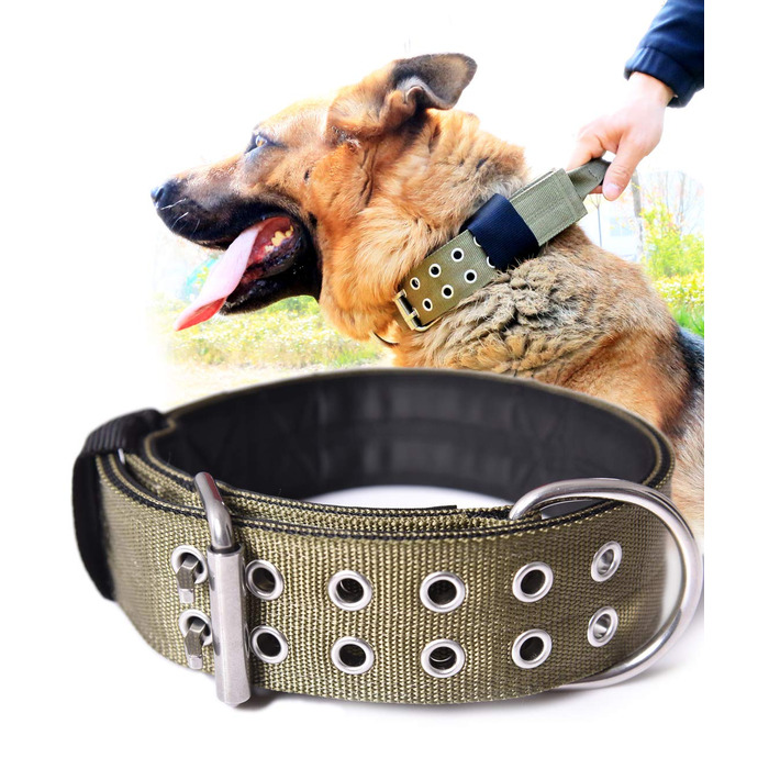 Тактичний нашийник для великих собак 5 см, міцний нейлоновий нашийник K9 з ручкою для контролю, камуфляжний, товщина 0.6 см, розмір L (48-60 см), армійсько-зелений