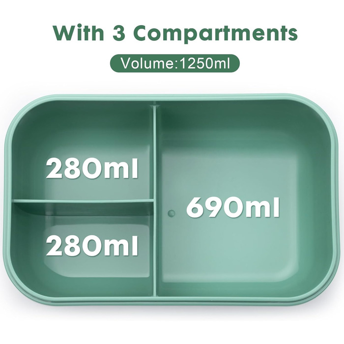 Ланчбокс Sinnsally з роздільниками, 1250 мл, набір. Контейнер для обіду для дорослих, коробка для сніданку, пенал для бутербродів з приборами. Ланч-бокс для перекусу, зелений колір.
