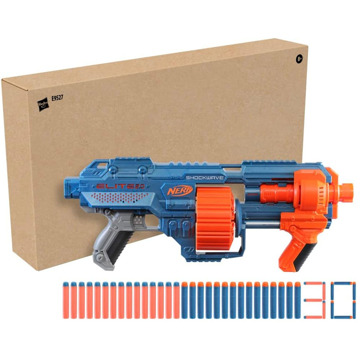 Бластер Nerf Elite 2.0 Shockwave RD-15, 30 дротиків Nerf, обертовий барабан на 15 дротиків, швидкий вогонь з помповим механізмом, з можливістю розширення, упаковка без розчарувань