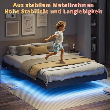 Ліжко IRONCK 140x200 зі світлодіодним освітленням та зарядною станцією, каркас ліжка 140x200 см з м&39якою оббивкою, плаваючий каркас ліжка, каркас ліжка 140x200 см, дитяче ліжко, металеве ліжко з рейковою основою, двоспальне ліжко, сірий колір