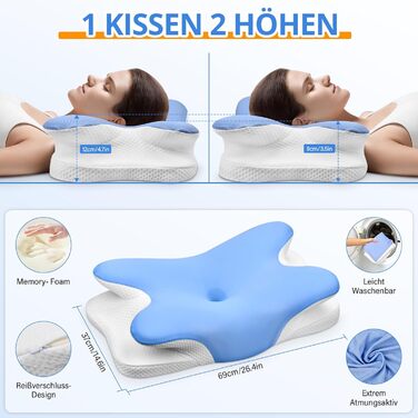 Подушка з піни з ефектом пам&39яті, подушка для підтримки шиї, ергономічна подушка для сну на боці, подушка для шиї, подушка для голови для сну на боці, спині та животі, 69x37x9/12 см, синя