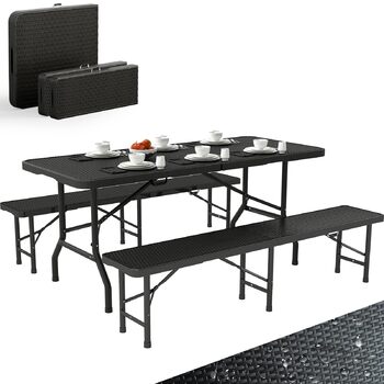 Набір для пивного саду, 3 предмети, 1 пивний стіл 2 пивні лавки, складаний набір для пивного саду з ручками для перенесення, комплект пивних столів 180 см з ротанговим ефектом, водонепроникний, чорний. 1 пивний стіл 2 пивні лавки, чорний.