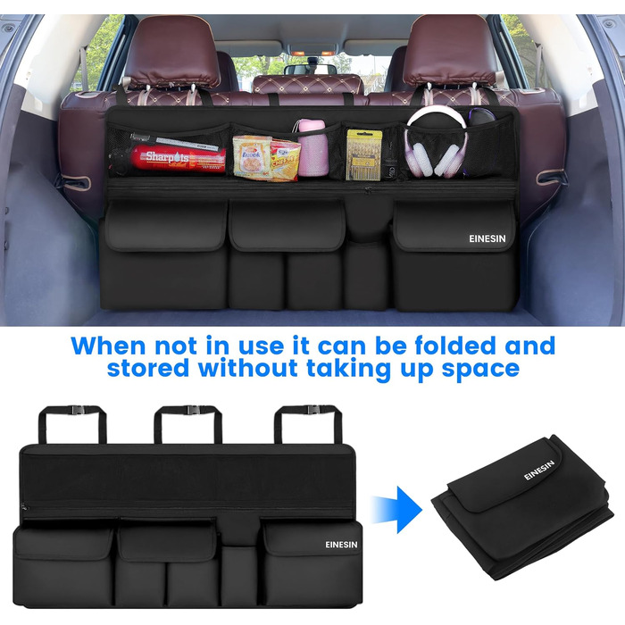 Органайзер для багажника автомобіля, багатофункціональна сумка для зберігання речей з сітчастими кишенями, 9 кишень, чорний, 105x52 см