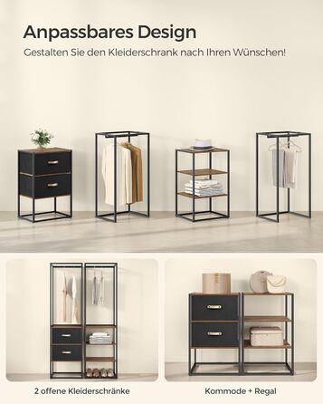 Вішалка для одягу SONGMICS, відкрита шафа, міцна вішалка для одягу, 1 висувна рейка, 2 шухляди, 4 полиці, для спальні, компактна, вінтажний коричневий RGR003B01