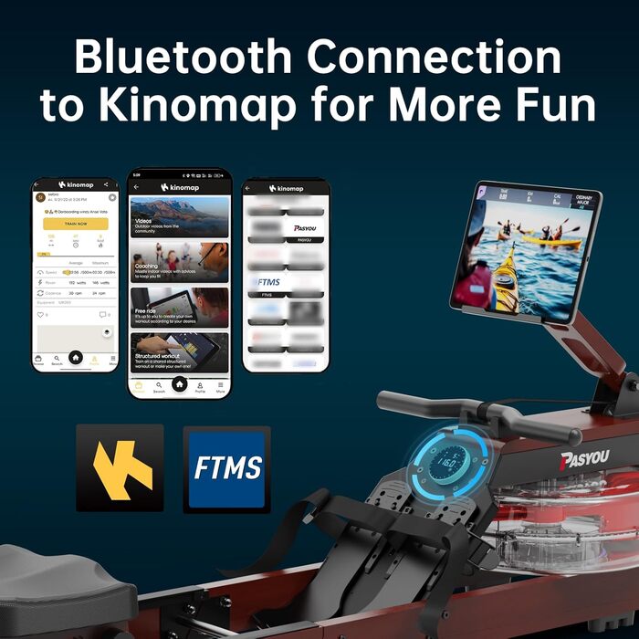 Гребний тренажер PASYOU для домашнього використання, дуб, складний водний гребний тренажер з Bluetooth-дисплеєм та 30-денним безкоштовним членством у Kinomap, гребний тренажер з регульованим тримачем для планшета, вантажопідйомність 150 кг, PW60 коричневи