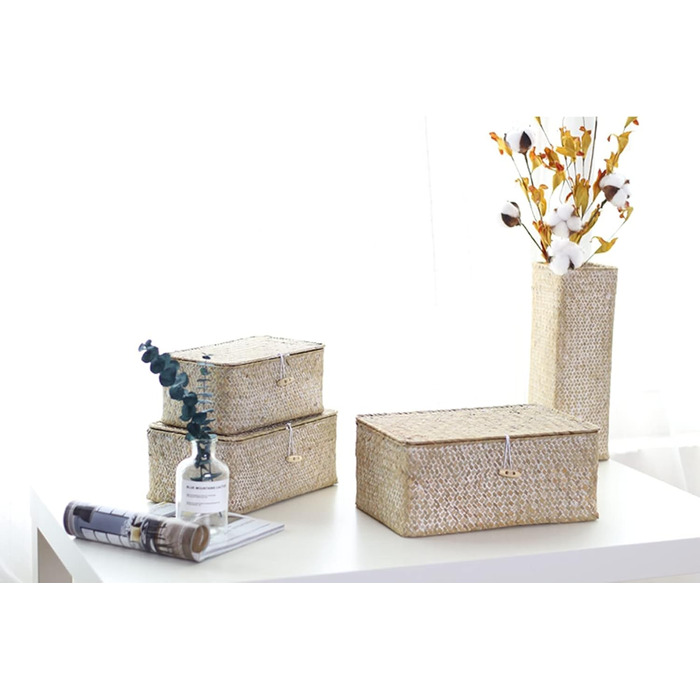 Кошик для зберігання морської трави з кришкою, плетена прямокутна ротангова скринька ручної роботи для іграшок, одягу, книг, ключів, органайзера для макіяжу, набір з 3 полиць-кошиків