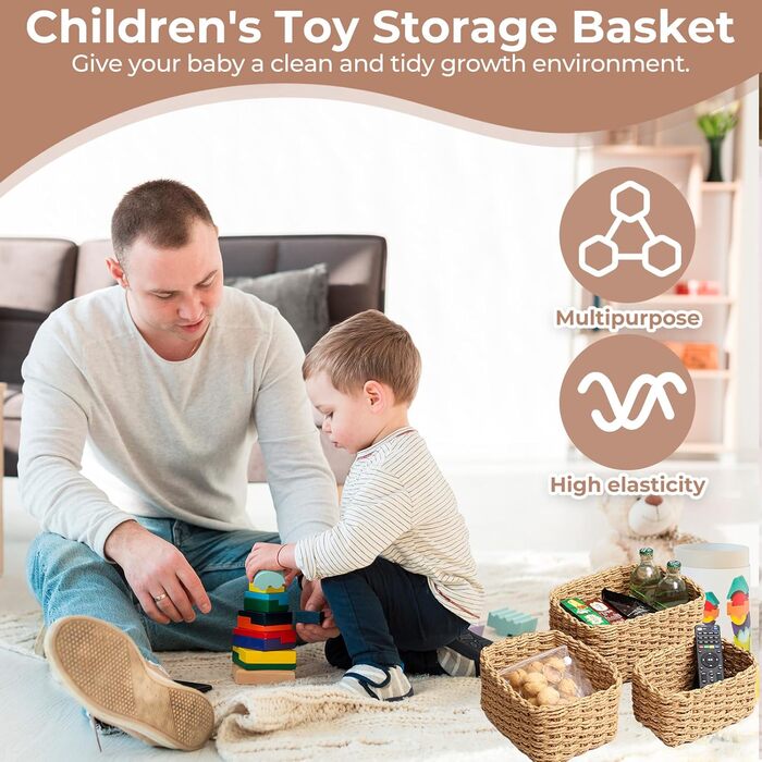 Набір із 5 плетених кошиків для зберігання, плетені кошики для зберігання з паперової мотузки, штабелювані кошики для зберігання одягу, кухні, ванної кімнати, зберігання іграшок