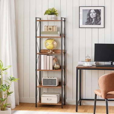 Книжкова полиця HOOBRO, стояча полиця, полиця-драбина, окремостояча вузька полиця, офісна полиця, 6 ярусів, відкриті полиці, для вітальні, спальні, офісу, кухні, рустикальний коричневий та чорний EBF72SJ01 42 x 28 x 161,5 см Рустикальний коричневий чорний
