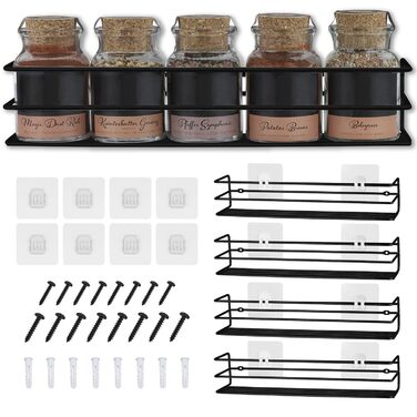 Металеві підставки для спецій - 4 шт. и - можна кріпити без свердління - для спецій, як вкладиш у шафу або органайзер - розмір 32,2 x 6,5 x 7,4 см (матово-чорні)