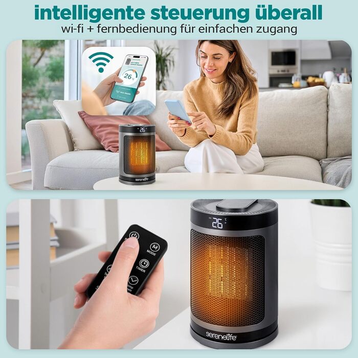 Керамічний обігрівач SereneLife 1500W PTC, безшумний та енергоощадний, WiFi термостат з пультом керування, осциляція 70, сірий