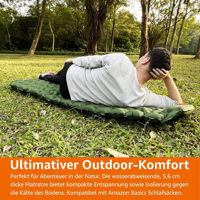 Килимок для сну Storeo Basics, легкий, водонепроникний, з ножним насосом, товщиною 5,6 см, оливково-зелений, M