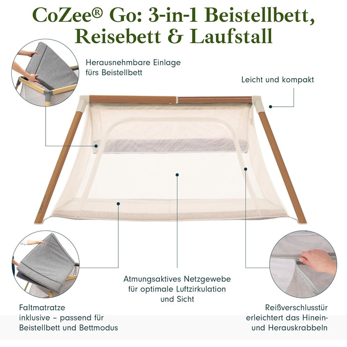 Дитяче ліжечко-манеж Tutti Bambini CoZee Go 3-в-1 з матрацом - легкий та дихаючий складний дитячий манеж, від 0 до 3 років (горіховий та екрю) CoZee GO Горіховий та натуральний білий