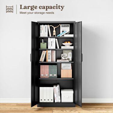 Шафа для документів, що замикається, з 2 дверима, металева шафа, сталева шафа, багатоцільова шафа, металева офісна шафа, регульовані полиці, шафа для зберігання речей для офісу, дому, гаража, 170x78x39 см, чорна