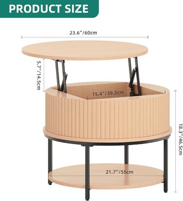 Журнальний столик з регульованою висотою, круглий журнальний столик з ребристим дизайном та прихованим місцем для зберігання, приставні столики для дивана Centro для вітальні, підйомна поверхня з дуба