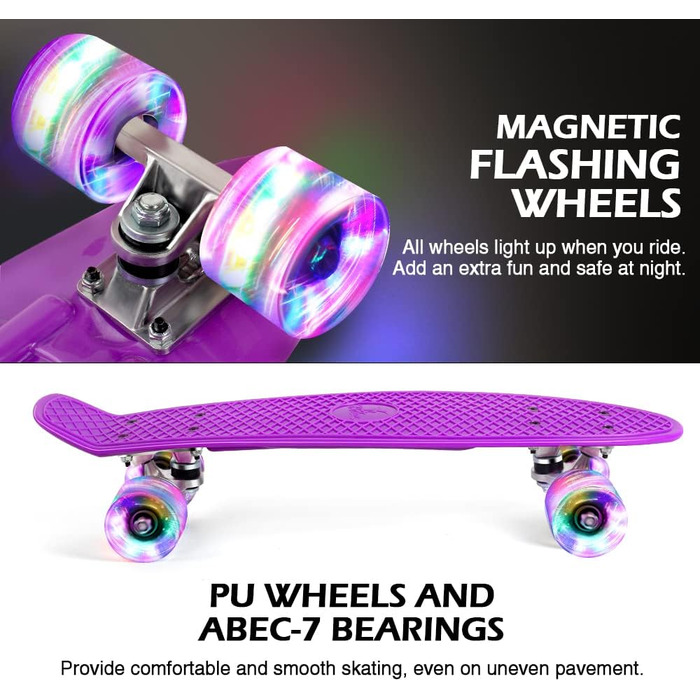 Для дітей, підлітків та дорослих, світлодіодні колеса зі світлодіодним підсвічуванням та універсальним інструментом для початківців, фіолетовий, 22 Mini Cruiser Skateboard