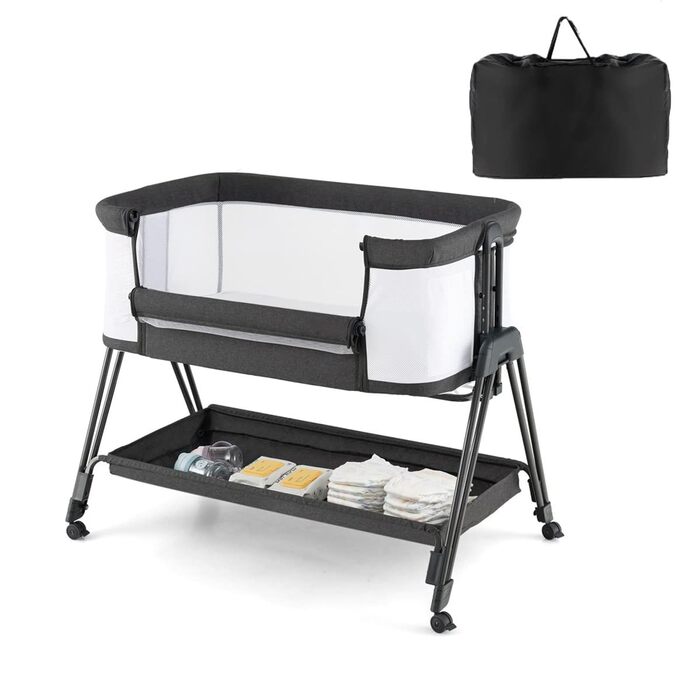 Дитяче ліжечко DREAMADE, 7-рівневе регульоване по висоті дорожнє ліжечко з матрацом та колесами, складне дитяче ліжечко з регульованим кутом нахилу, для дітей 0-6 місяців та вагою до 9 кг (темно-сіре)