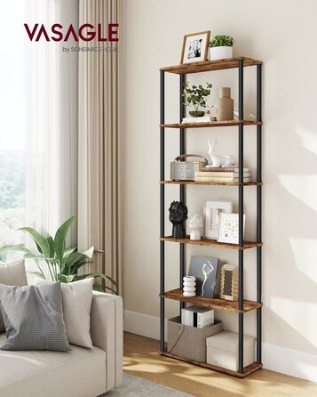 Надзвичайно швидке складання без інструментів, 6-рівнева полиця, окремостояча полиця для зберігання, 23,8 x 60 x 173,4 см, вітальня, спальня, кухня, вінтажний коричнево-чорний колір LLS166K01 6 рівнів (60Ш см)